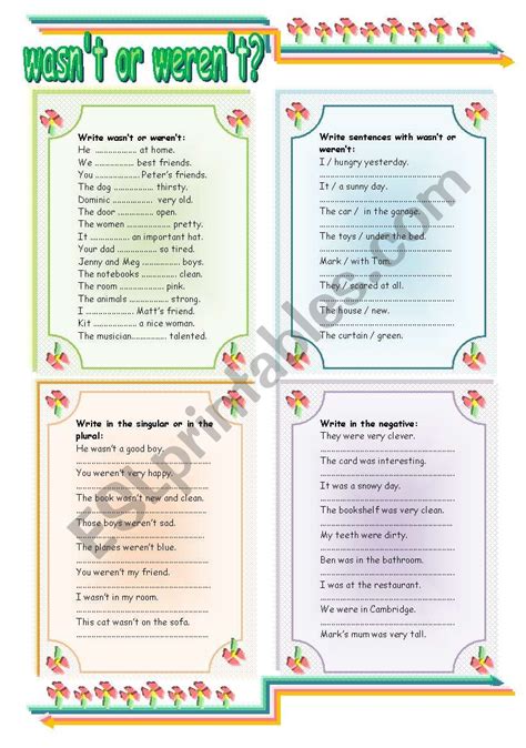 Wasnt Or Werent Esl Worksheet By Sictireala