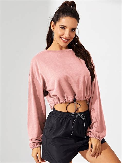 Shein Drop Shoulder Drawstring Hem Crop Pullover Women Pullover