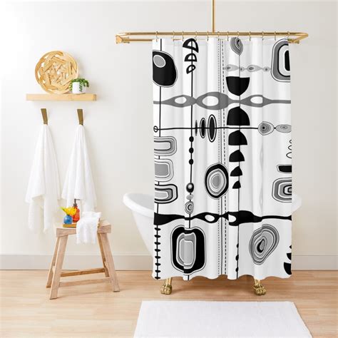 Mid Century Modern Print Black White Gray Shower Curtain For Sale