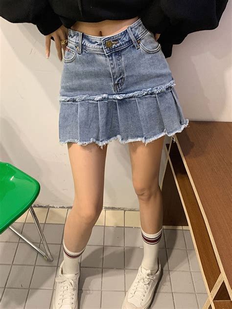 Emmiol Free Shipping 2024 Pleated A Line Denim Mini Skirt Blue S In