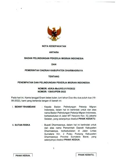 NOTA KESEPAKATAN ANTARA BADAN PELINDUNGAN PEKERJA MIGRAN INDONESIA DAN