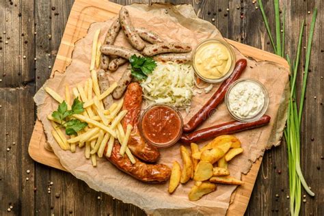 Wide Selection Of Snacks For Beer On Parchment Top View Stock Photo