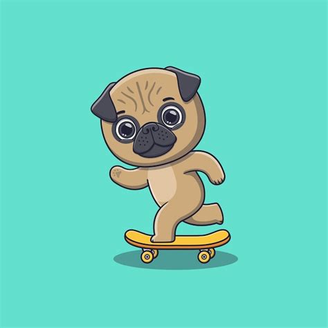 Niedlicher Mopshund Der Skateboardkarikatur Spielt Premium Vektor