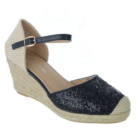 Womens Ladies Low Wedge Heel Espadrilles Ankle Strap Glitter Sandals