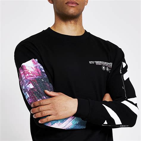 Black printed long sleeve T-shirt | River Island