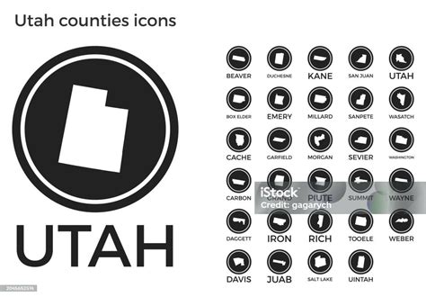 Utah Counties Icons Black Round Logos With Us State Counties Maps And Titles Vector Illustration