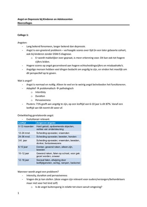 Hoorcollege Aantekeningen Angst En Depressie Angst En Depressie Bij