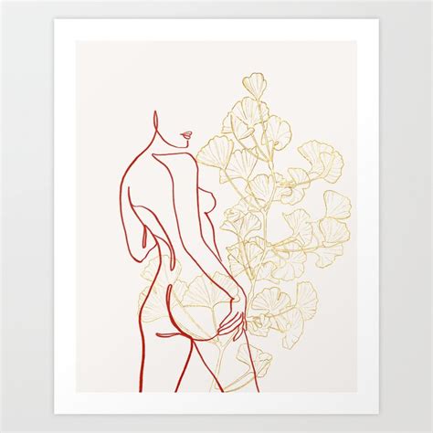 Gingko Girl Red Gold Foil Nude Female Line Art Art Print By Obat