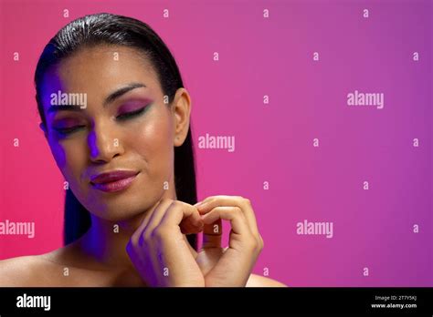 Biracial Woman With Dark Hair Heart Of Hands Pink Lips Eyeshadow