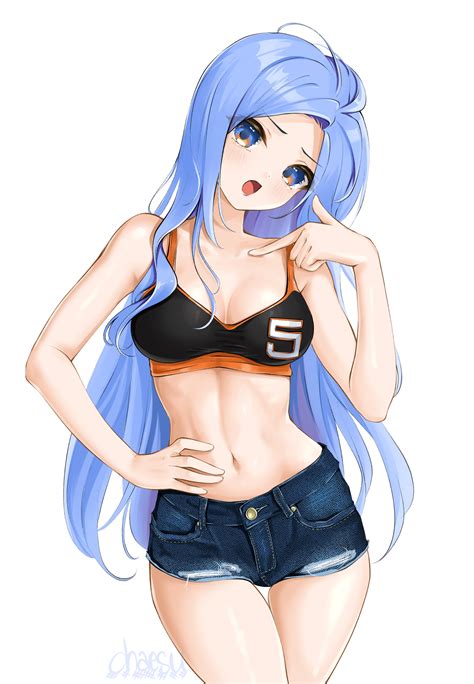 Blue Hair Blue Eyes Cleavage Chaesu Anime Girls Anime Short