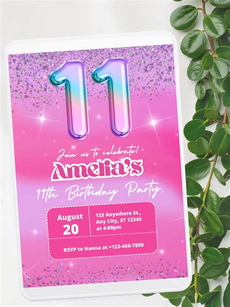 Editable Pink Glitter 11th Birthday Invitation Template Rainbow Foil