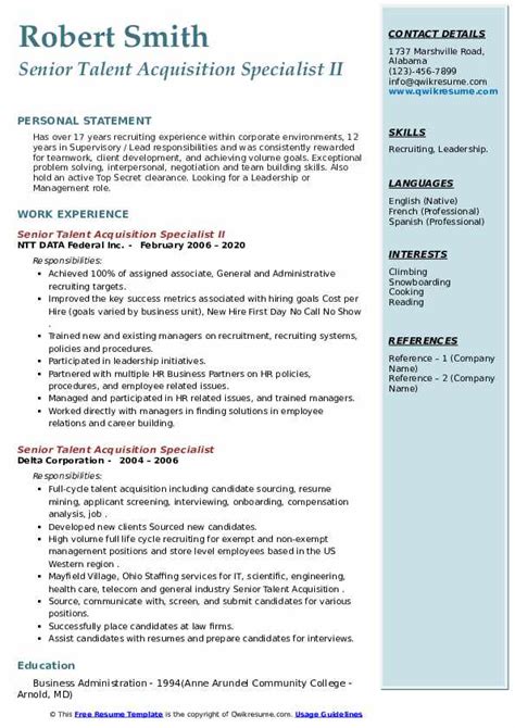 Senior Talent Acquisition Specialist Resume Samples Qwikresume