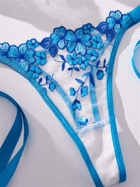 Conjunto de lingerie sensual de malha semitransparente estampa floral sutiã push up e tanga