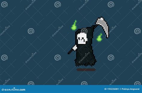 Pixel Art Cartoon Reaper Character With Two Green Spirit Stock