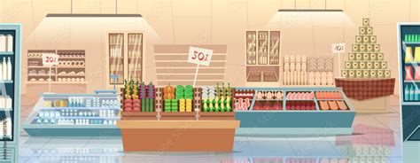 Supermarket cartoon. Products grocery store food market interior vector ...