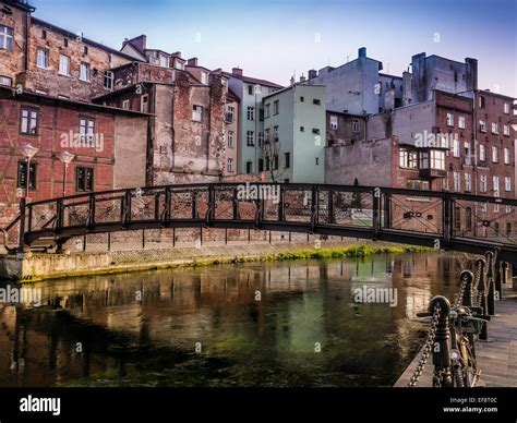 Bydgoszcz Canal with metal footbridge, Bydgoszcz, Poland Stock Photo ...