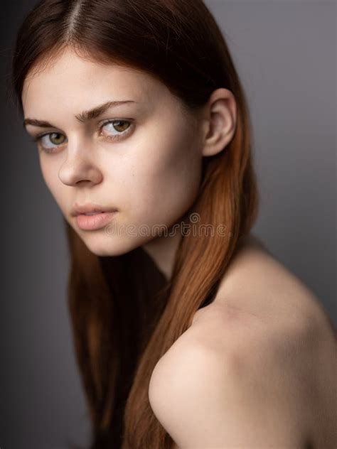 Pretty Woman On Gray Background Cropped View Model Red Hair Close Up