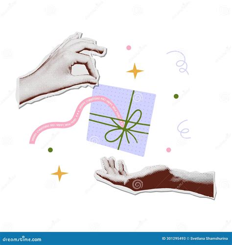 Hand Giving Gift Box To Other Hand Colorful Halftone Mixed Media Style