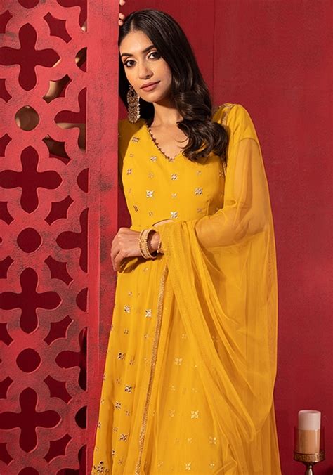 Buy Women Mustard Yellow Mirror Sequin And Zari Embroidered Anarkali