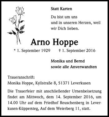 Traueranzeigen Von Arno Hoppe Wirtrauern