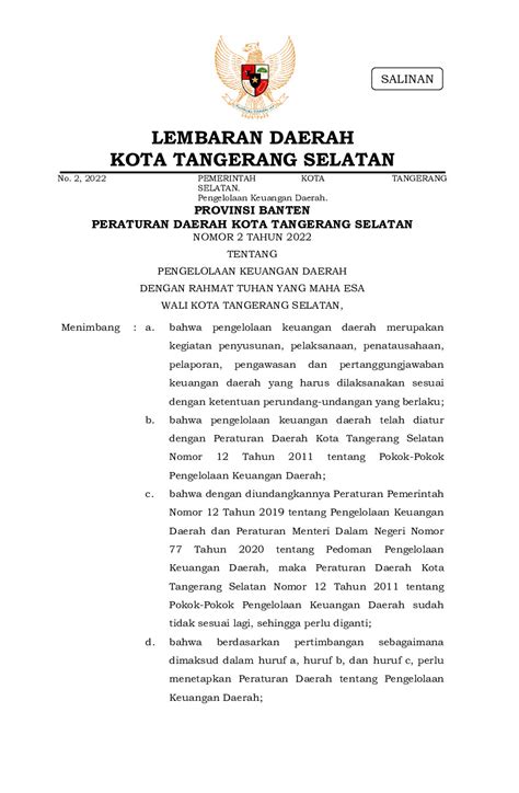 Peraturan Daerah Kota Tangerang Selatan No 2 Tahun 2022 Tentang