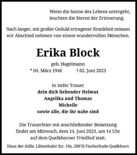 Traueranzeigen Von Erika Block Trauer Kreiszeitung De