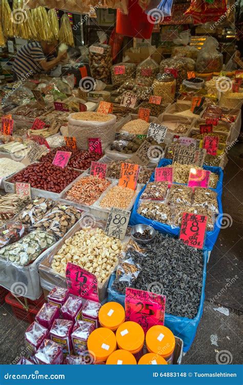 Various Dried Food Being Sold At A Street Market In Hong Kong