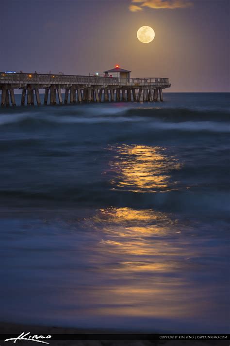 Pompano Beach Full Moon Rising Over Atlantic Ocean | HDR Photography by Captain Kimo