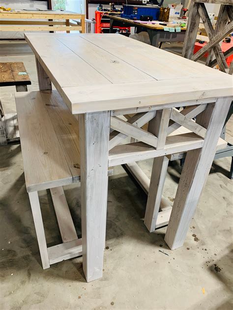 Counter Height Rustic Farmhouse Table with Benches, High Top Table with Tall Seating White Wash ...