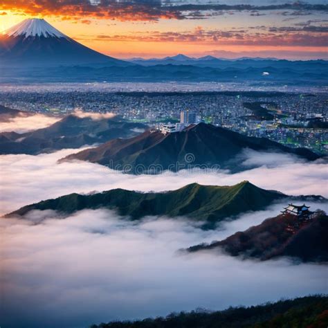 Aerial Panorama Landscape Of Fuji Mountain Iconic And Symbolic