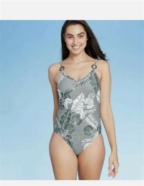 Kona Sol Ring Detail Medium Coverage One Piece Swimsuit Tropical Gray