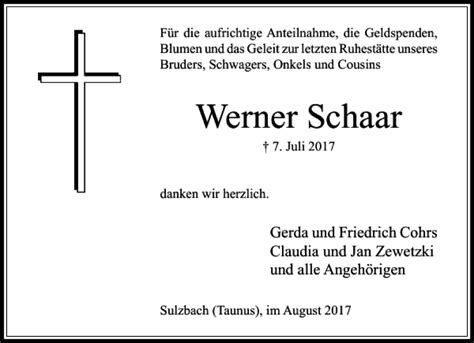 Traueranzeigen Von Werner Schaar Trauer Rheinmain De