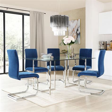 Lisbon Chrome And Glass Dining Table With 4 Perth Blue Velvet Chairs Furniture And Choice