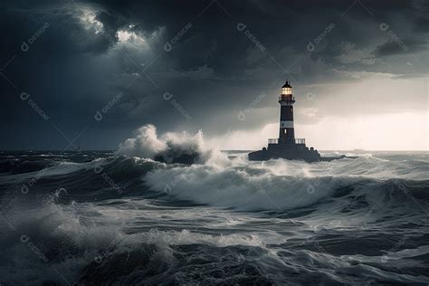 Tempestade Do Mar Nuvens Escuras Raio Farol Solit Rio Ondas Agitadas