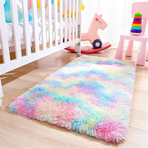 Junovo Soft Rainbow Area Rugs For Girls Room Fluffy Colorful Rugs Cute