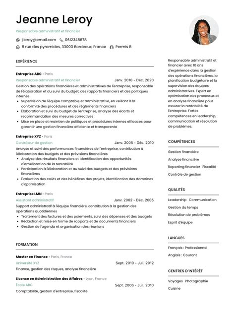 CV Responsable administratif et financier Modèle Exemples à