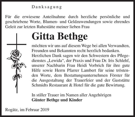 Traueranzeigen Von Gitta Bethge Abschied Nehmen De