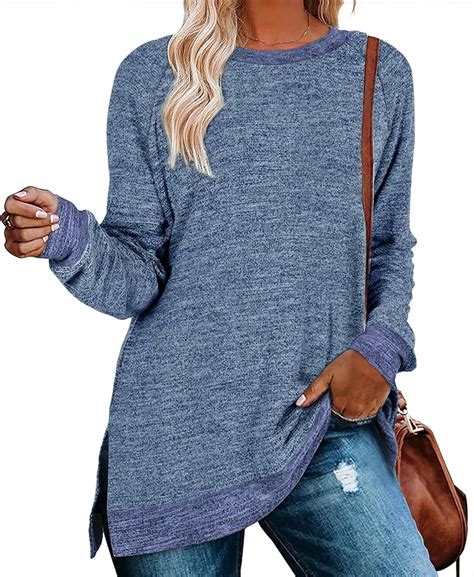 Womens Crewneck Pullovers Color Block Long Sleeve Side Split Tunic Tops At Amazon Womens