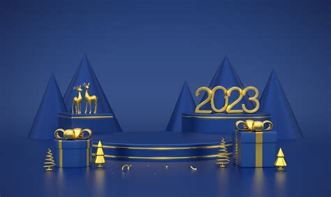 Happy New 2023 Year. 3D Golden metallic numbers 2023 on blue stage ...