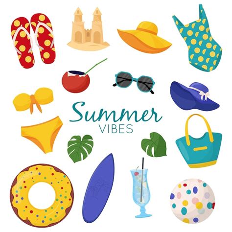 Conjunto de lindos elementos de verano tabla de surf bolsa de cóctel sombrero palmera bikini