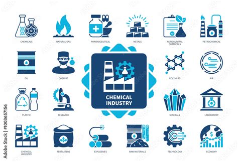 chemical industry icon set polymers minerals metals pharmaceutical