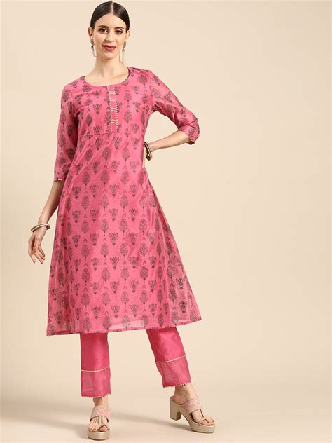 Buy Anouk Women Pink And Grey Ethnic Motifs Printed Gotta Patti Kurta