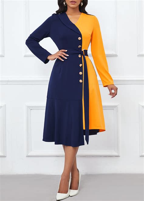 Navy Asymmetry Belted Long Sleeve V Neck Dress Modlily USD 37 98