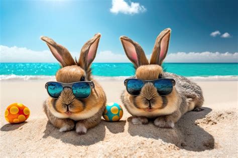 Premium Photo Funny Easter Bunnies With Eggs On The Beach Easter