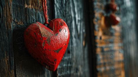 Wooden Red Heart Hanging On Dark Wooden Background Valentine S