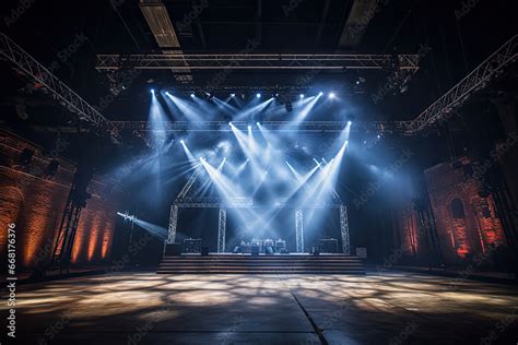 A concert stage with an industrial vibe. Exposed brick walls, metal trusses, sophite lights ...