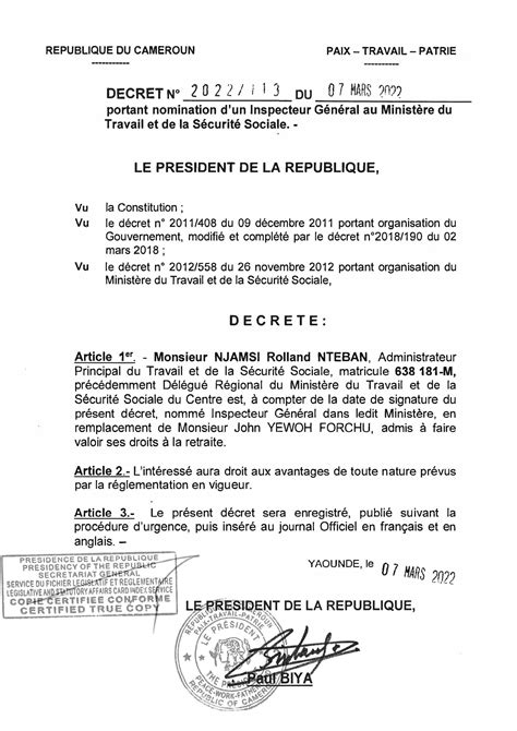 Décret N2022 113 du 07 mars 2022 portant nomination d un Inspecteur