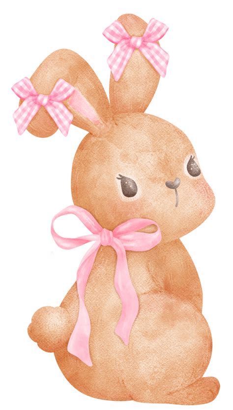 Coquette Bunny With Pink Ribbon Bow Watercolor Png