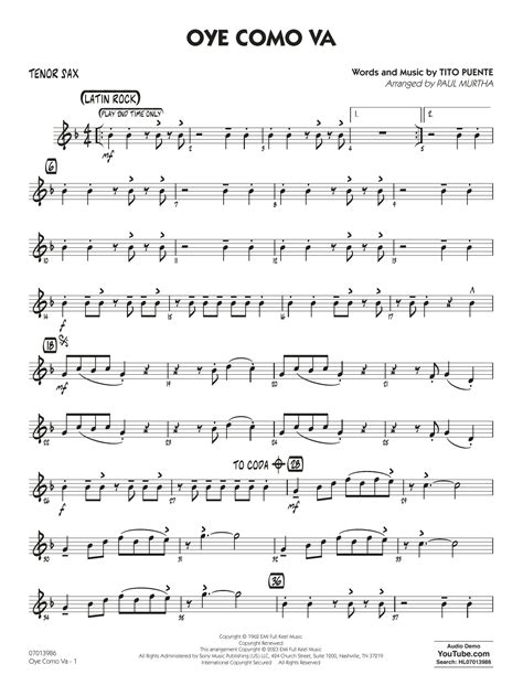 Oye Como Va Arr Paul Murtha Tenor Sax Sheet Music Tito Puente Jazz Ensemble