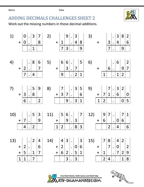 Adding Decimals Worksheet 5th Grade